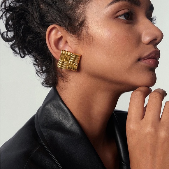 Gold Statement Earrings*Bold Design*Square Earrings*Tarnish Free*Waterpr… - Picture 4 of 6